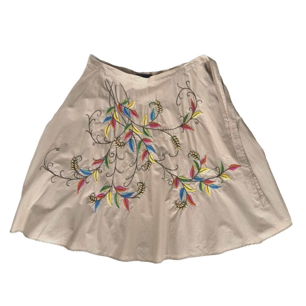 BCBGMAXAZRIA Skirt Large Floral Embroidered Flared A-Line Tan Neutral Cotton